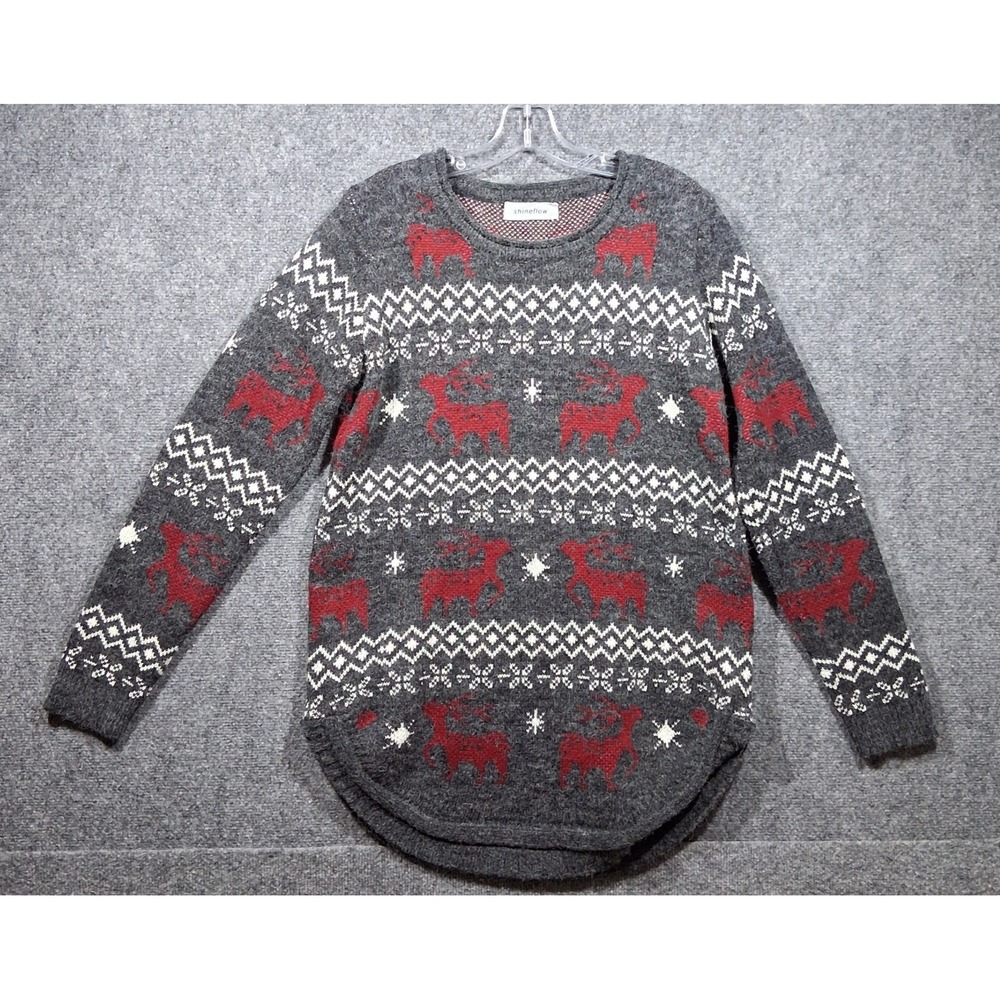 Shineflow Womens Nordic‎ Fair Isle Reindeer Snowflake Knit Sweater Gray Red L
